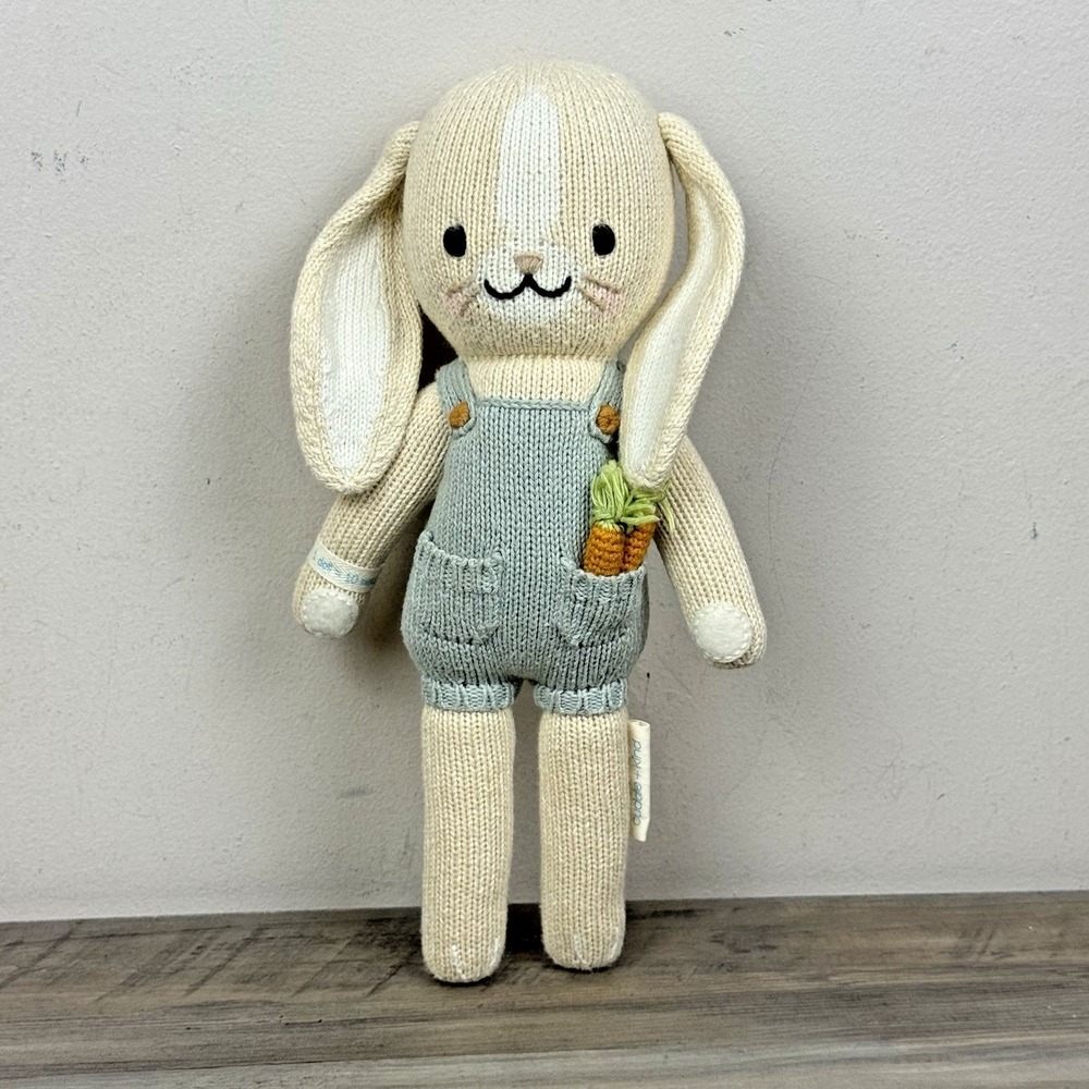Cuddle + Kind Henry Handmade Knit Bunny Stuffed Animal Plush Overalls Carrots